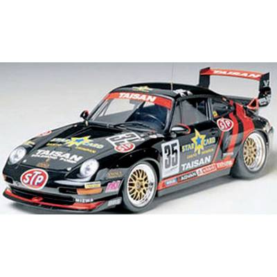 Modèle de voiture de course noir numéro 35, avec des décorations or et rouge et différents logos de sponsors, vu en perspective de l'avant.