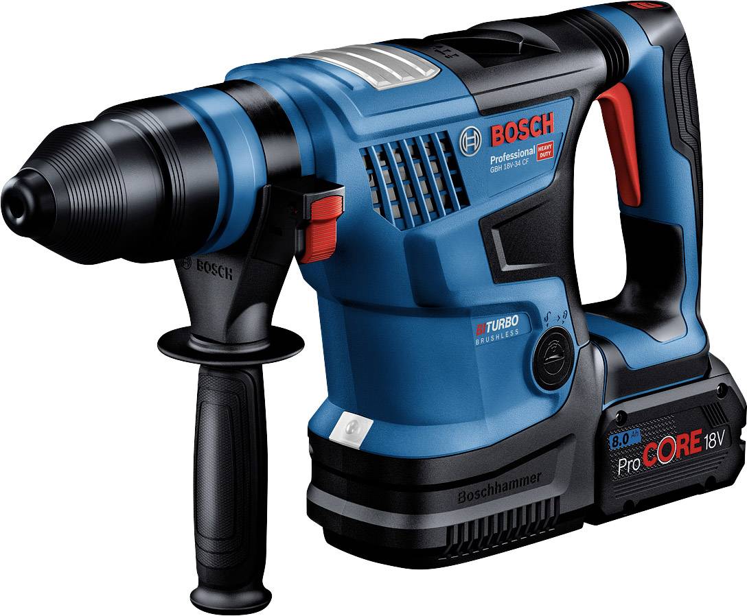 Un marteau perforateur sans fil Bosch bleu avec poignée supplémentaire et pack batterie 'ProCORE 18V'.