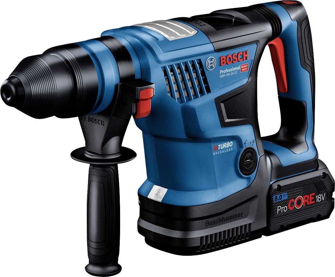 Marteau perforateur électrique Bosch, sans fil, 18V, avec poignée ergonomique et fonction turbo. Idéal pour les travaux de construction professionnels.