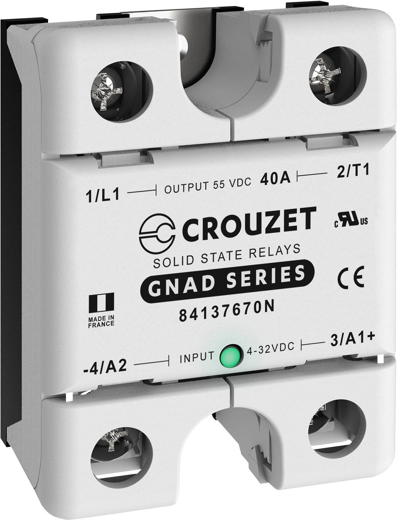 Relais statiques Crouzet de la série GNAD, numéro de modèle 84137670N, prenant en charge une sortie de 55 VDC et une entrée de 4-32 VDC.
