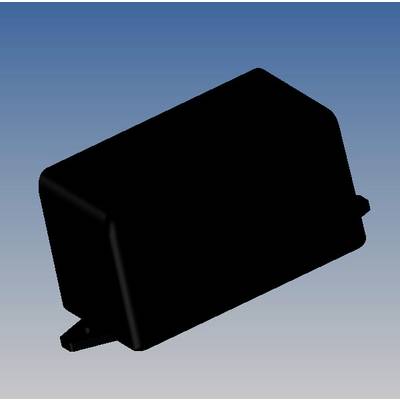 Un objet rectangulaire noir sur un fond bleu, avec des angles arrondis et de petits éléments saillants sur les côtés.