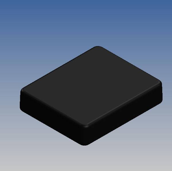 Objet 3D noir rectangulaire sur un fond bleu.