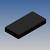 Un objet rectangulaire, plat et noir aux coins arrondis devant un fond bleu.