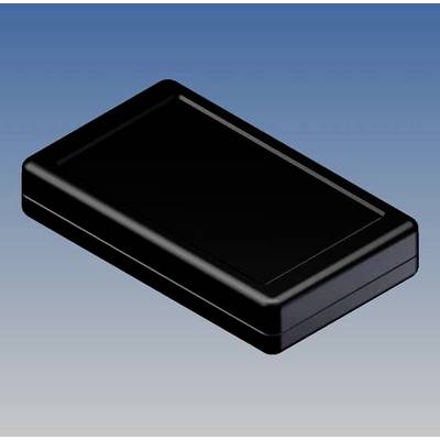 Boîtier noir rectangulaire sur fond bleu, design plastique typique.