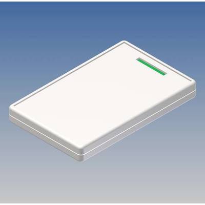 Un lecteur RFID blanc rectangulaire avec un indicateur vert sur un fond bleu.