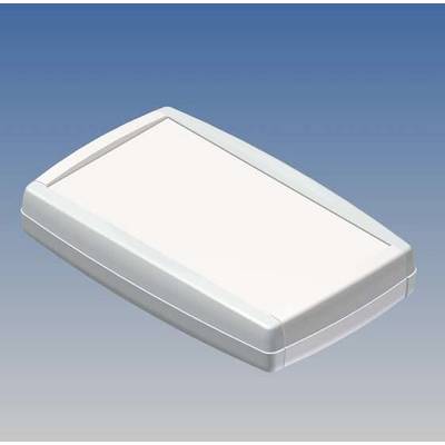Un boîtier en plastique rectangulaire et plat avec des coins arrondis sur un fond bleu.