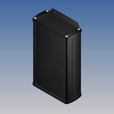 Un objet noir et rectangulaire, ressemblant à un boîtier ou une boîte, sur un fond bleu-gris.