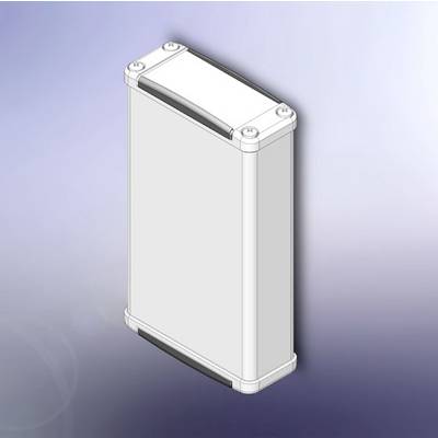 Boîtier rectangulaire argenté aux coins arrondis sur un fond clair.