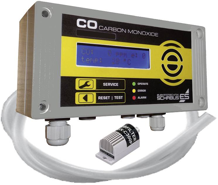 Détecteur de monoxyde de carbone avec affichage numérique indiquant 'CO : 0 ppm et 0 temp : 20°C'. Trois LED : Service, Fonctionnement, Erreur. Comprend une unité de filtration.