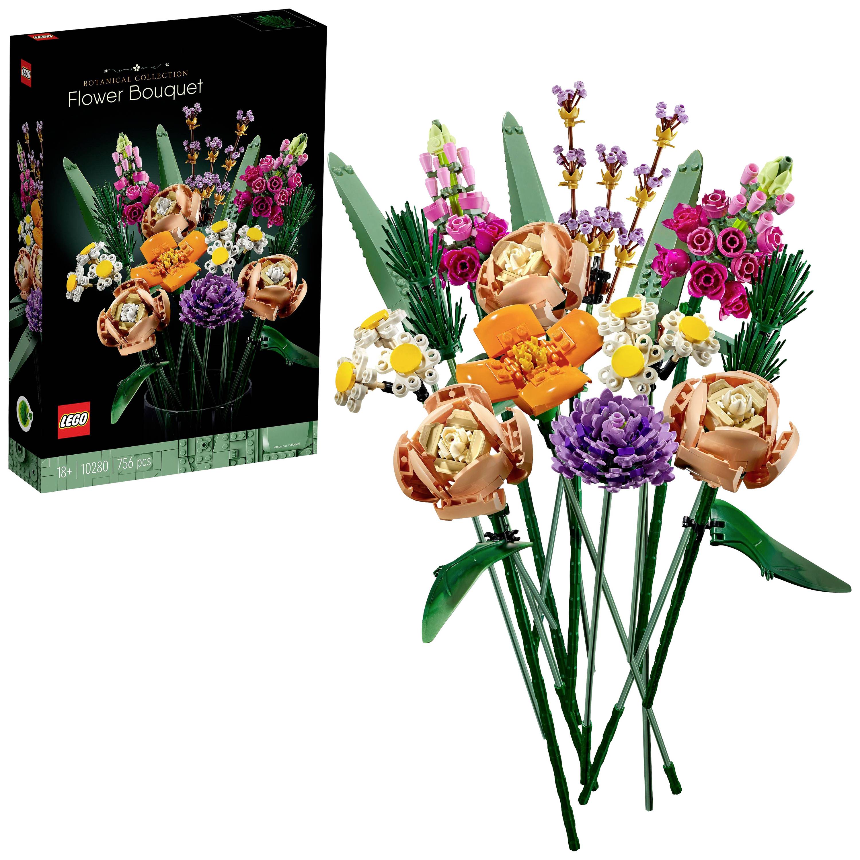 Un ensemble LEGO composé d'un bouquet de fleurs réalisé avec différentes fleurs LEGO colorées et variées. À côté, l'emballage du set.