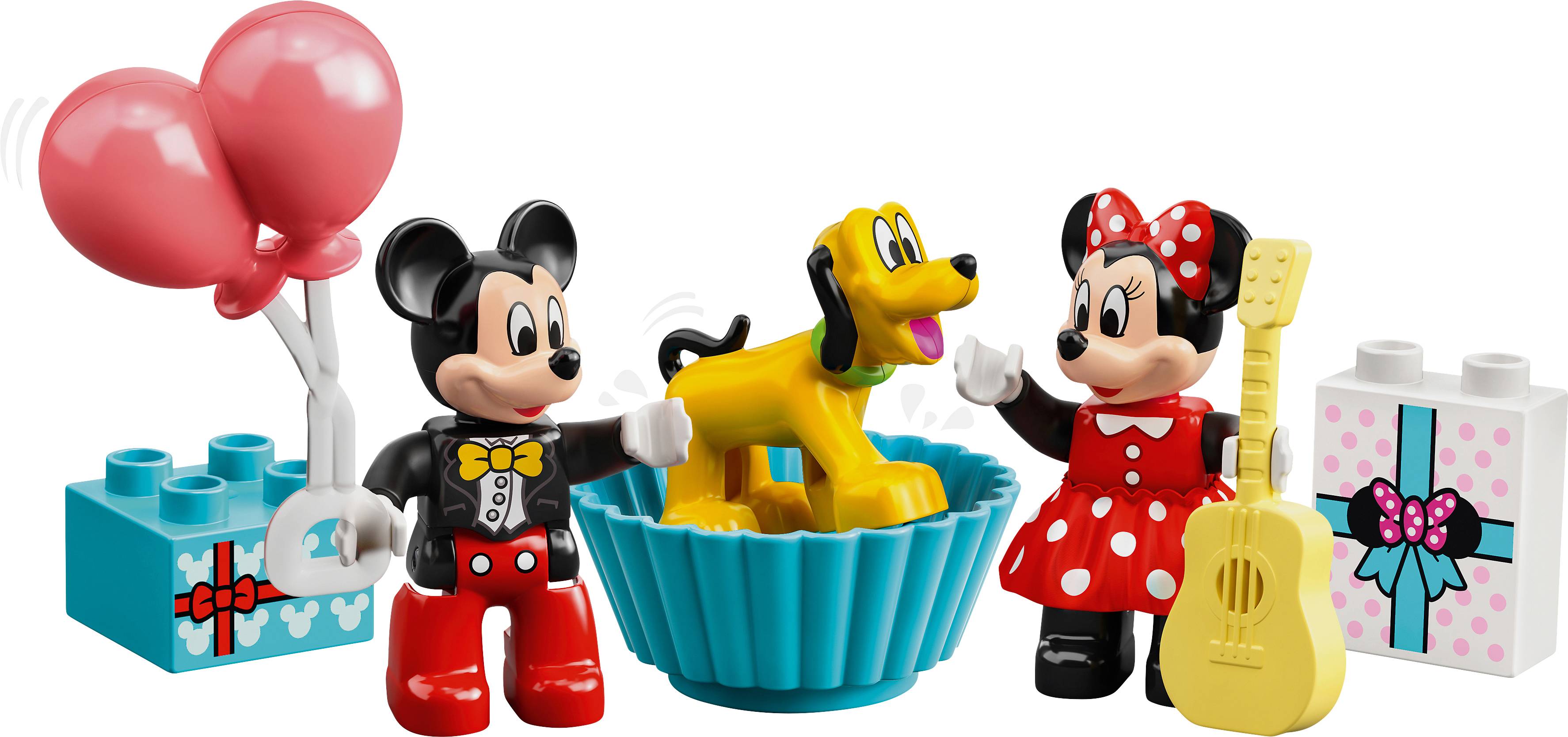 Mickey et Minnie Mouse sont debout avec Pluto entre eux. Minnie tient une guitare, et deux ballons roses sont à côté de Mickey. Un emballage cadeau est visible en arrière-plan.