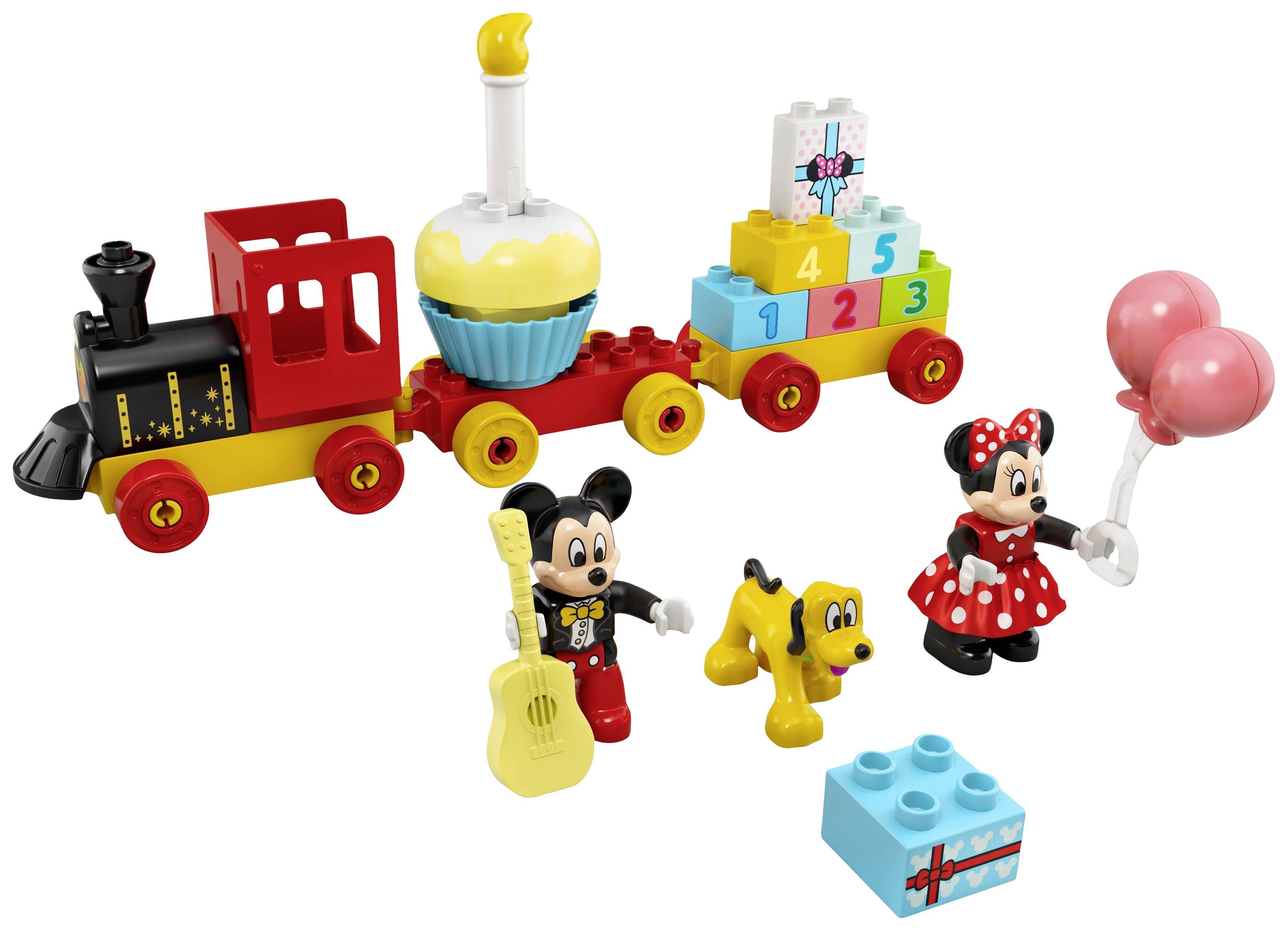 Ensemble de train jouet avec des personnages Disney et des blocs de construction. Comprend Mickey avec une guitare, Minnie avec des ballons, Pluto et un train avec une structure de gâteau.