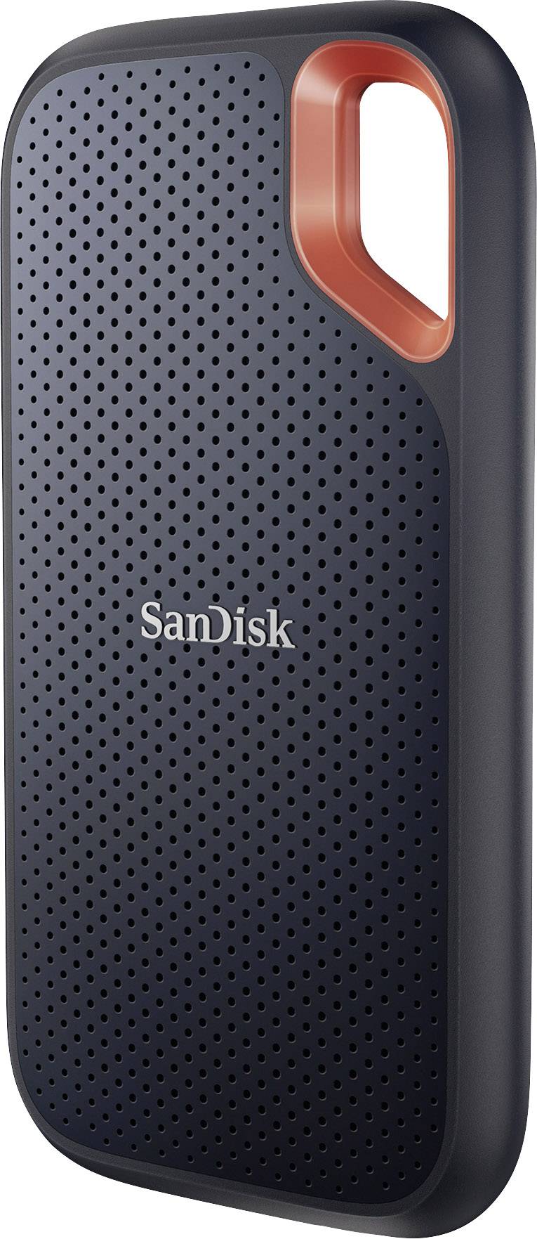 Disque dur externe SanDisk avec boîtier noir perforé et détail rouge en haut à droite. Idéal pour le stockage de données en déplacement.