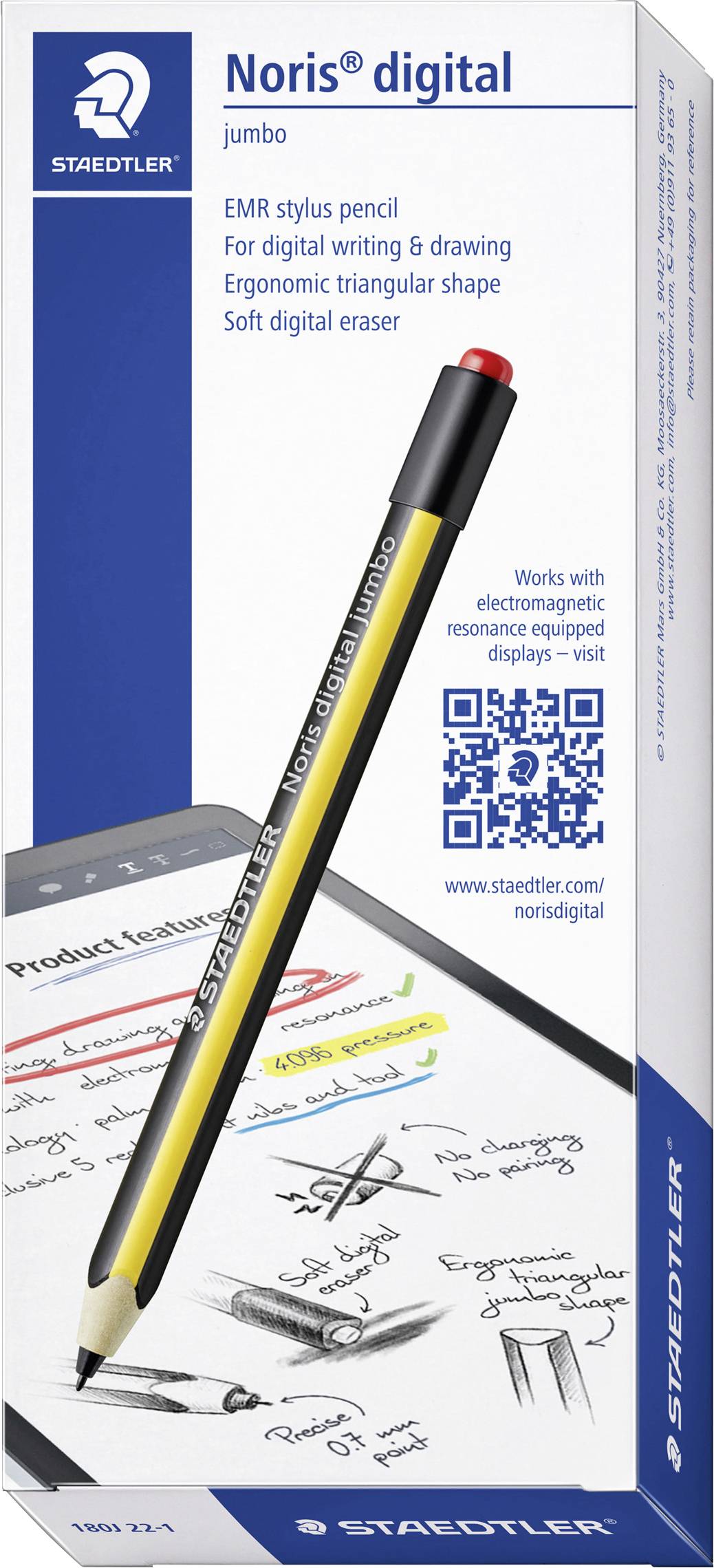 Emballage 'Staedtler Noris digital jumbo' avec stylet EMR pour l'écriture et le dessin numérique, design ergonomique, gomme douce.