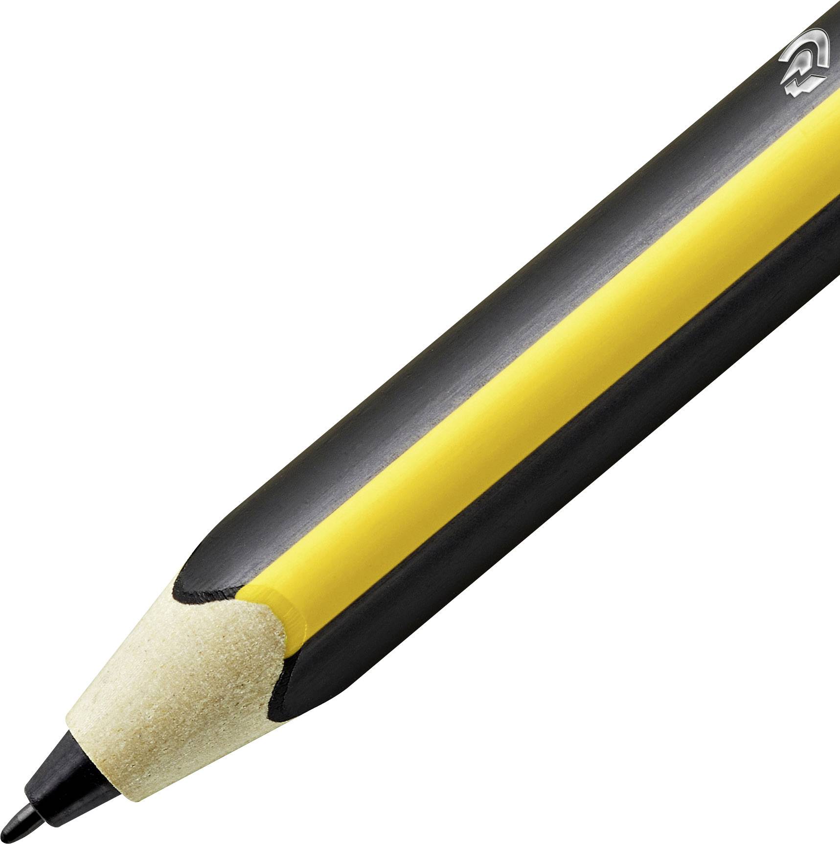 Crayon jaune avec une rayure noire vu de dessus, pointe vers le bas.