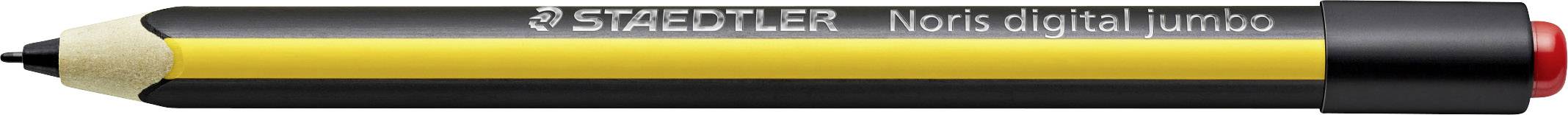 Un stylo avec une poignée noire, un fût jaune et une extrémité rouge. Inscription : « STAEDTLER Noris digital jumbo ». Adapté à l'écriture numérique.