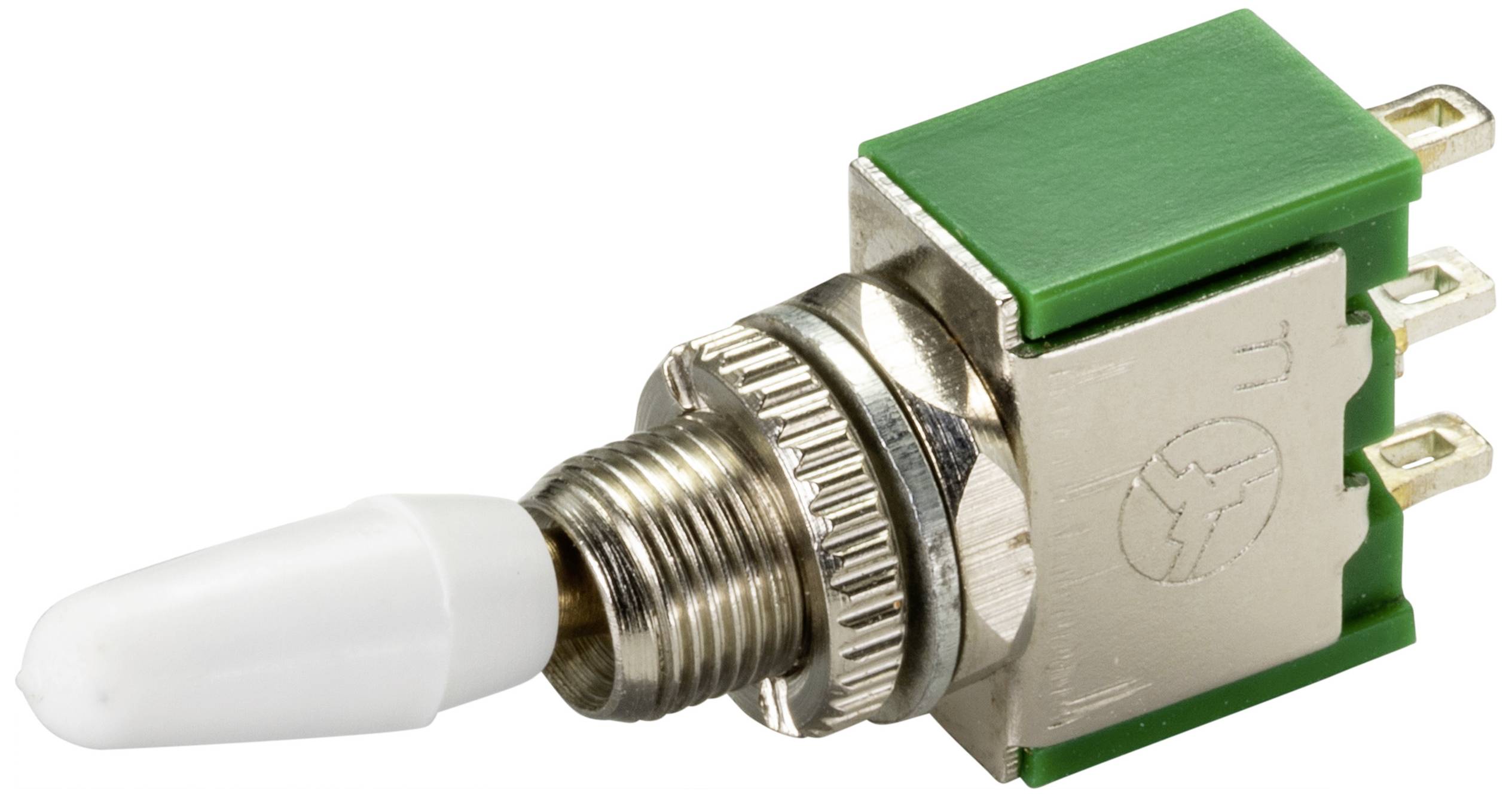 'Interrupteur métallique avec boîtier en plastique vert et levier blanc, adapté pour le montage sur circuit imprimé, vue détaillée d'un interrupteur électrique.'
