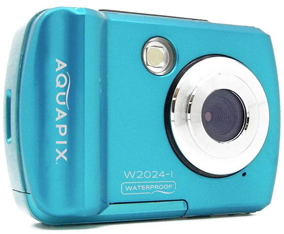 Un appareil photo Aquapix W2024-I bleu turquoise. Il est étanche et dispose d'un objectif net sur l'avant.