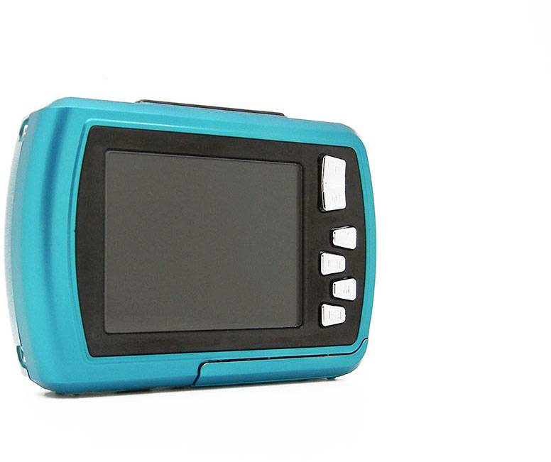 Un moniteur portable bleu avec un écran noir et plusieurs touches de commande blanches sur le côté.