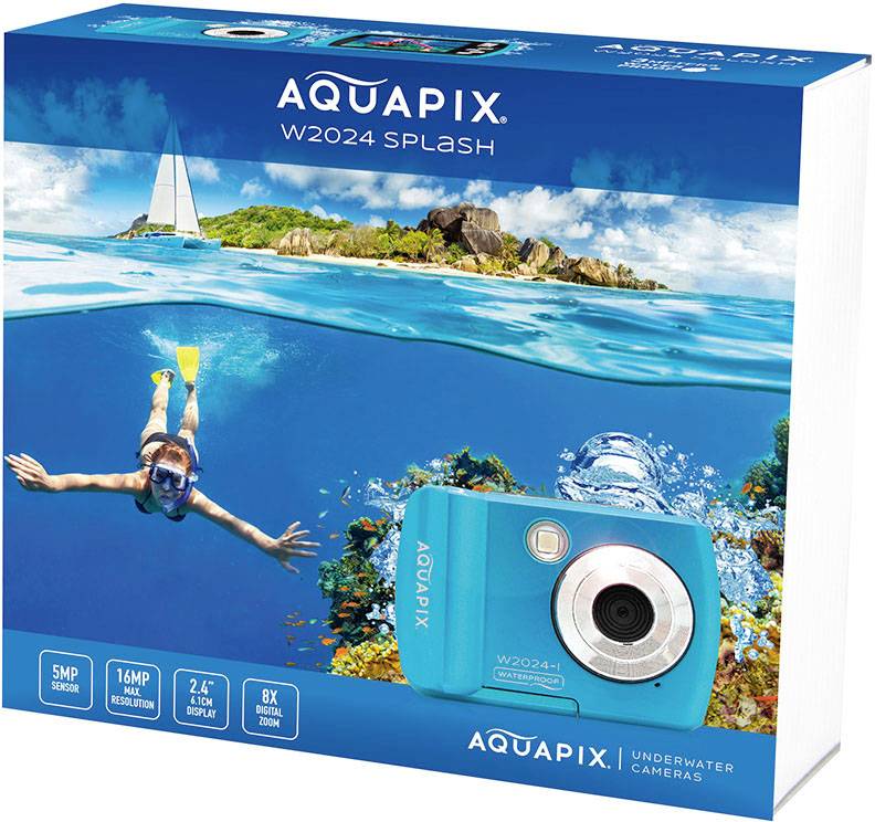 Emballage de l'appareil photo sous-marin Aquapix W2024 Splash. Montre un plongeur dans une eau cristalline avec une île tropicale en arrière-plan.