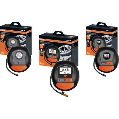 Trois manomètres de pression de pneus OSRAM avec affichage numérique et boîtier orange. Les emballages montrent leur utilisation sur des pneus de voiture.
