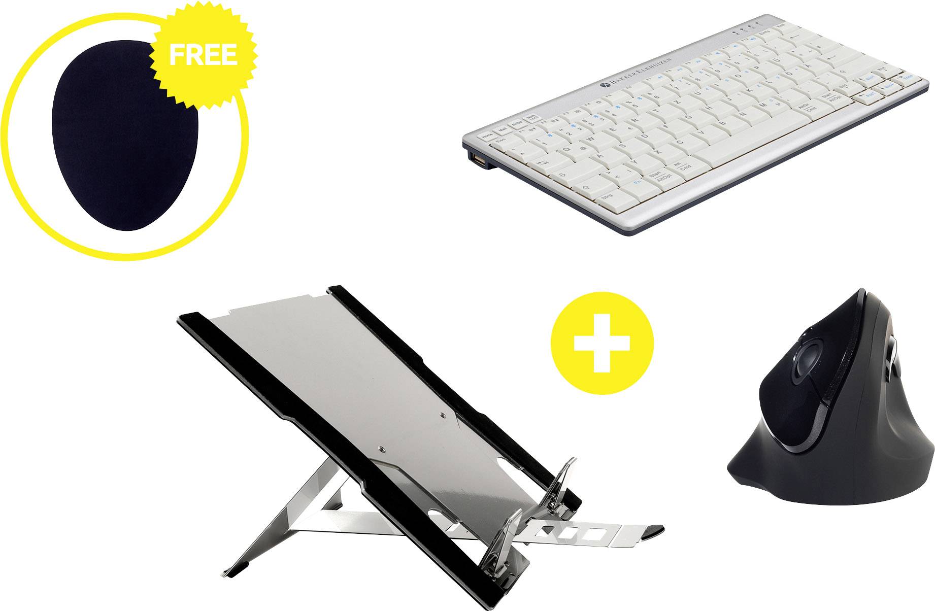 Clavier, souris ergonomique et support d'ordinateur portable réglable. Tapis de souris offert. Ensemble informatique ergonomique.
