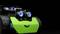 Un petit véhicule de jouet, ressemblant à un robot, avec de grands capteurs bleus à l'avant et un bouclier frontal vert souriant, est au centre de l'attention.