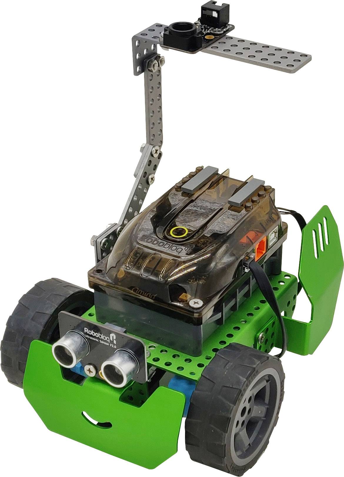 Un petit robot vert à roues, équipé d'une caméra ou de capteurs. Il semble conçu à des fins techniques ou pédagogiques.