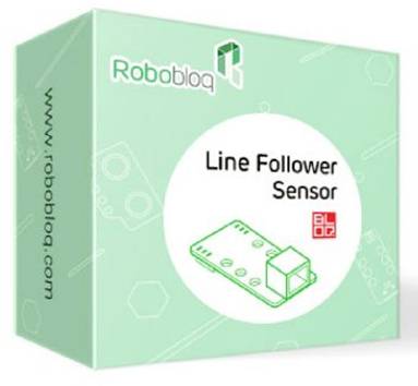 Emballage vert du 'Capteur de Suivi de Ligne' de Robobloq, avec une image du produit et l'URL du site web www.robobloq.com.