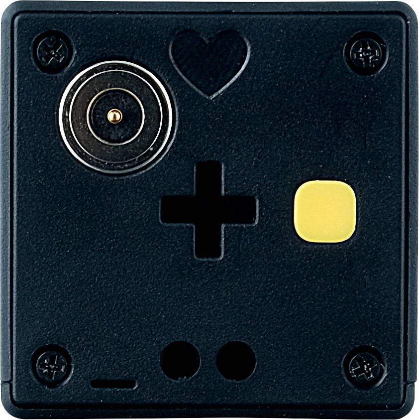 Carré noir avec des symboles de cœur, de cercle et de plus, ainsi qu'un carré jaune. Contient quatre vis aux coins.