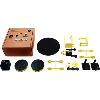 Un kit de robot comprenant différentes pièces en plastique jaune et noir, dont des roues, des axes, une plateforme ronde et un boîtier orange.
