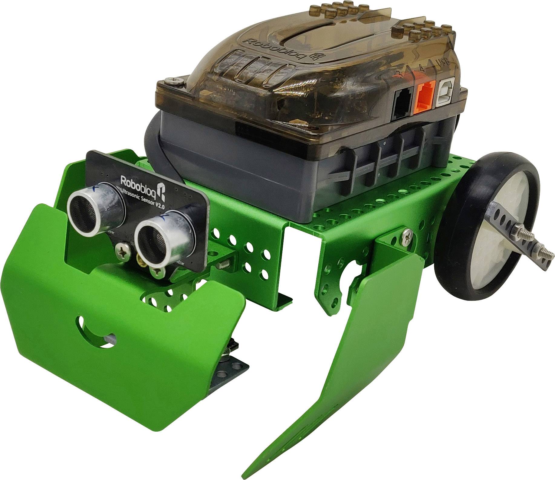 L'image montre un robot vert fonctionnant sur batterie, équipé de deux grandes roues et de capteurs à l'avant, conçu pour des applications pédagogiques.