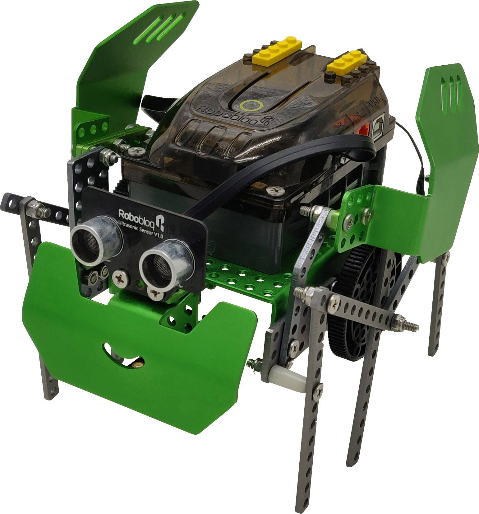 Un robot d'apprentissage vert et autonome, équipé de capteurs, conçu pour des applications éducatives en robotique et en enseignement technique.