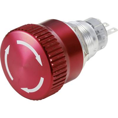Bouton de rotation rouge avec des flèches blanches circulaires. Le bouton est en métal et en plastique et possède un bord strié.