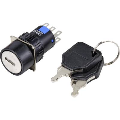 Un interrupteur à clé noir avec deux clés sur un fond blanc. L'interrupteur comporte plusieurs connexions métalliques.