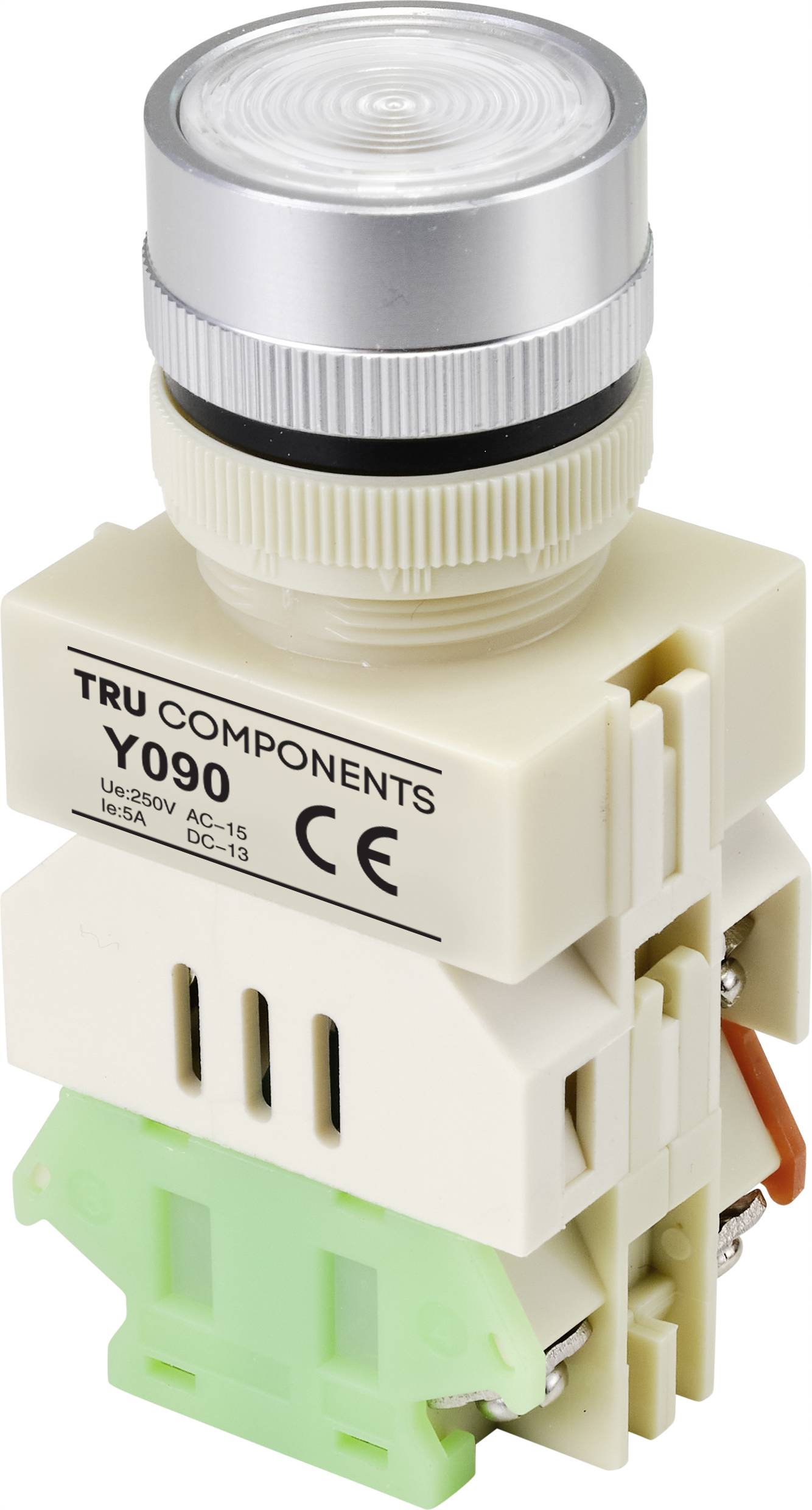 Un bouton-poussoir blanc de TRU COMPONENTS, modèle Y090, adapté jusqu'à 250V AC, portant le marquage CE, monté sur un socle vert.