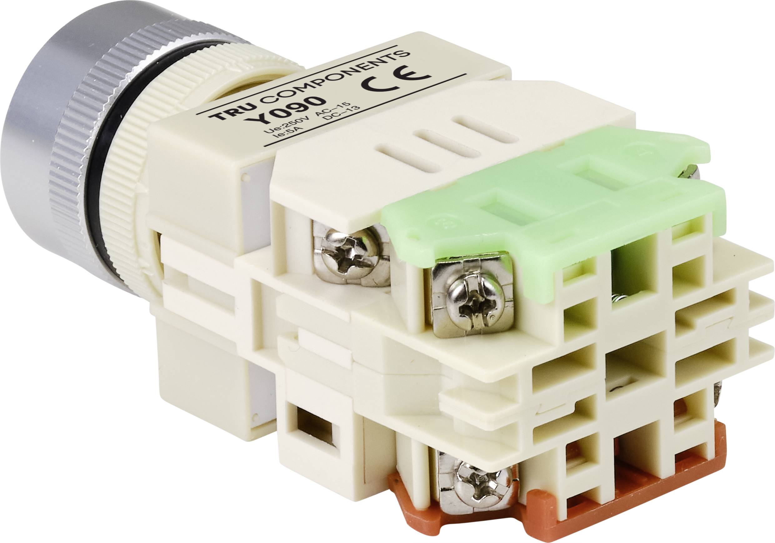 Interrupteur avec bouton rotatif argenté et boîtier beige-vert. Marquages : 'TRU COMPONENTS', numéro de série et marquage CE.