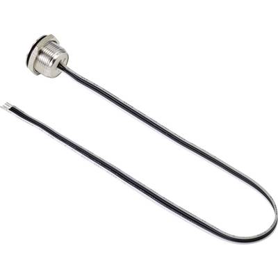 Un bouton-poussoir rond en métal avec de longs câbles noirs pour la connexion électrique, isolé sur un fond blanc.