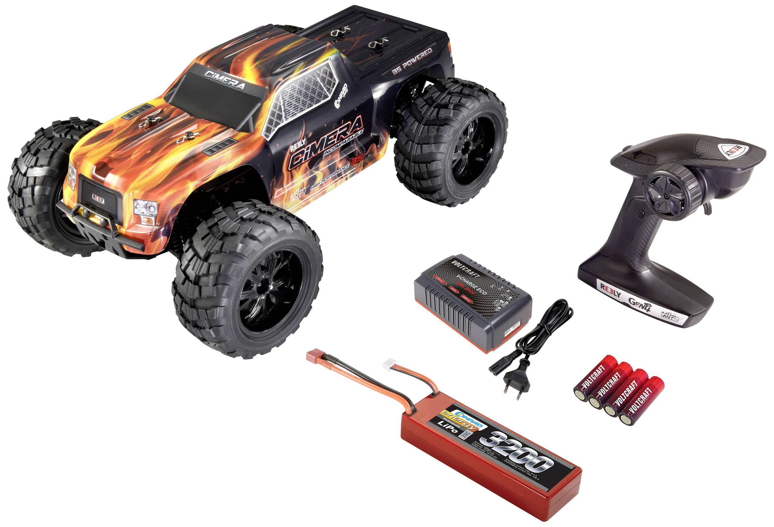 Voiture télécommandée avec motif de flammes, chargeur, télécommande, batteries et outils de test moteur. Kit de véhicule radiocommandé.
