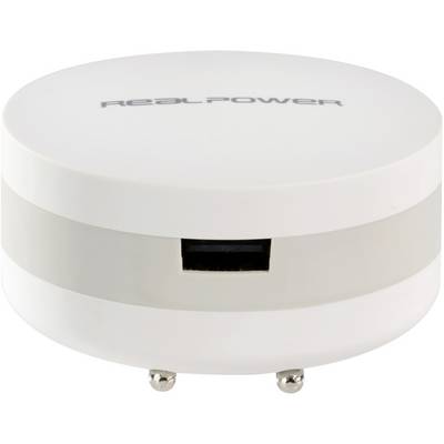 Prise blanche et ronde avec un port USB au centre et l'inscription 'RealPower' en haut.