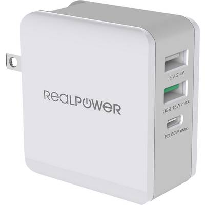 RealPower DeskCharge-65 Chargeur USB 65 W USB Power Delivery blanc pour prise murale chargeur rapide, avec adaptateur US-0