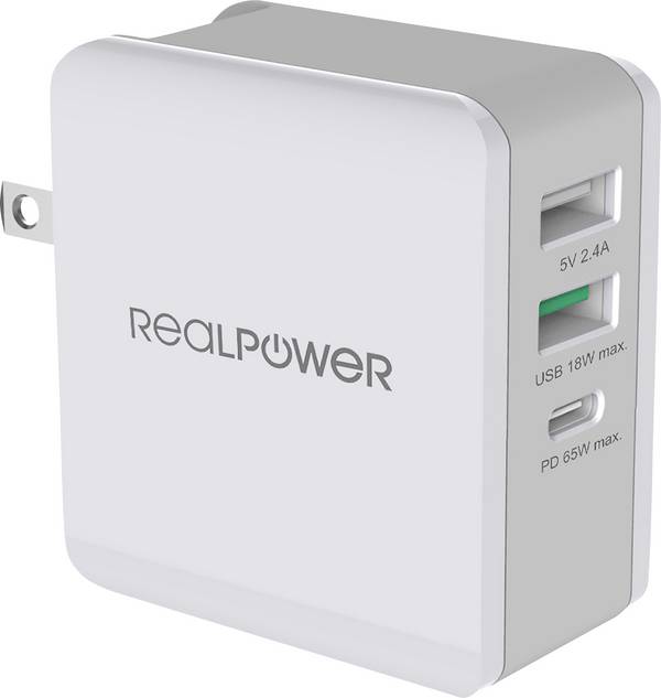 RealPower DeskCharge-65 Chargeur USB 65 W USB Power Delivery blanc pour prise murale chargeur rapide, avec adaptateur USA, USB Power Delivery (USB-PD), avec adaptateur UK, avec adaptateur pour l'Europe