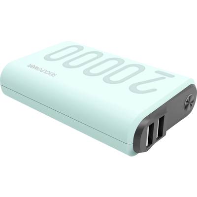 Batterie externe portable de couleur bleu clair avec deux ports USB et l'inscription '20000'.