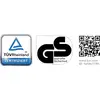 Logo de 'TÜV Rheinland' et de 'Sécurité testée GS', suivi d'un code QR. Indicateur de qualité et de sécurité du produit certifié.