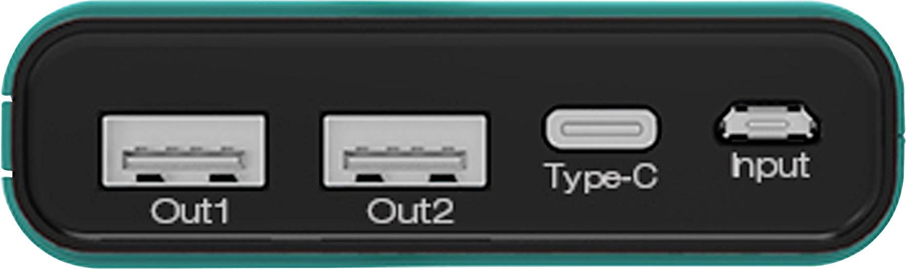 'Batterie externe noire avec trois ports : deux ports USB (Out1, Out2), un port de type C, et une entrée micro-USB.'