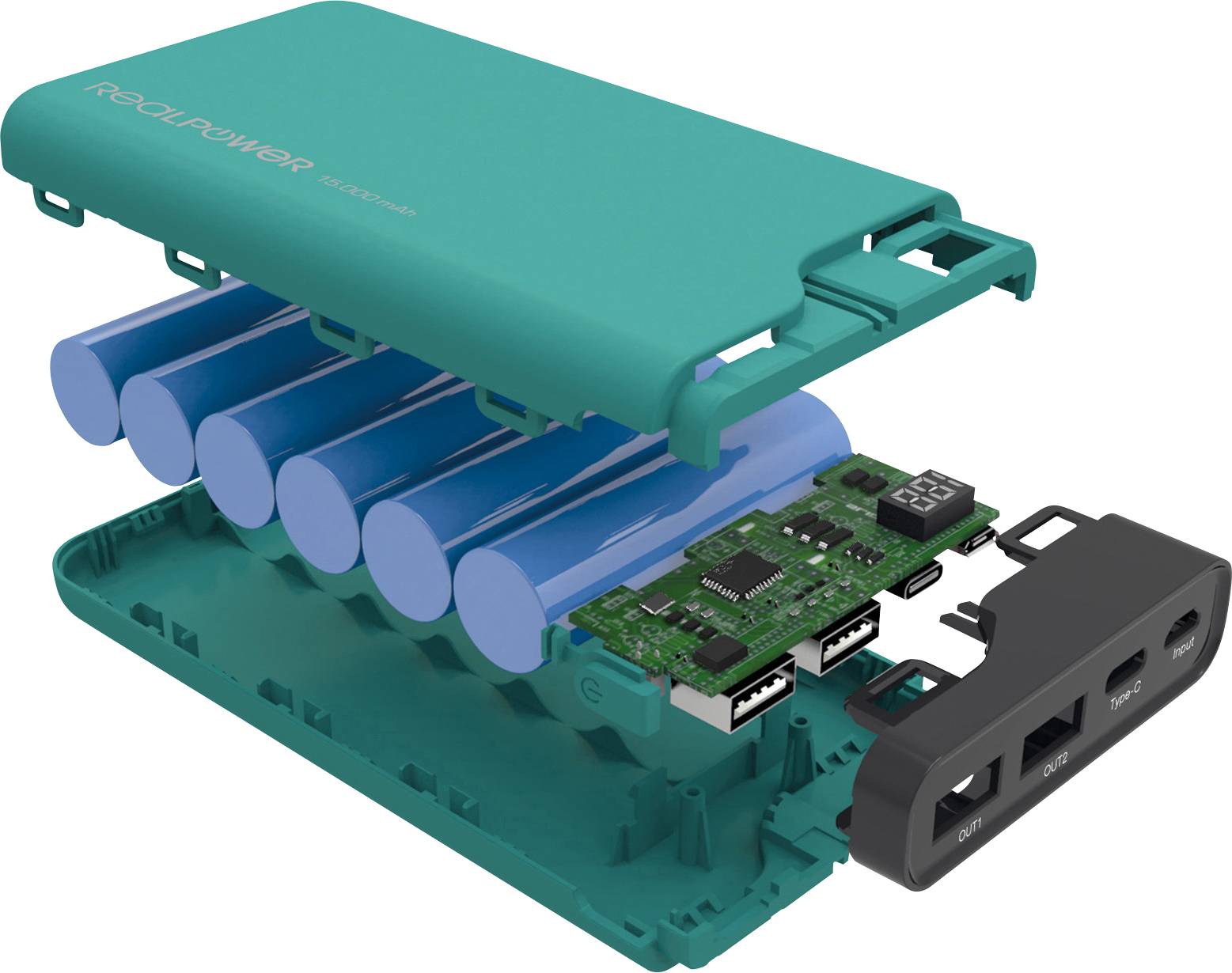 Batterie portable ouverte avec des cellules de batterie bleues et un circuit imprimé vert, montrant les composants internes et les connexions pour les appareils USB.