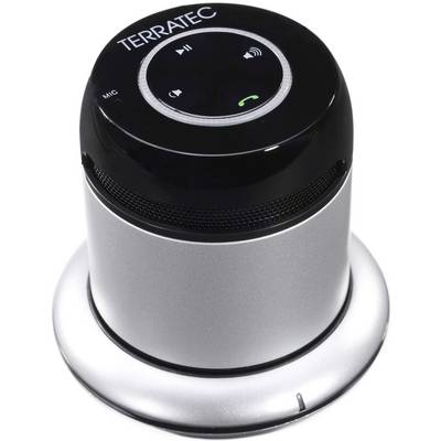 Un haut-parleur cylindrique argenté avec un dessus noir. Sur celui-ci se trouvent des symboles de volume, de microphone et d'appels.
