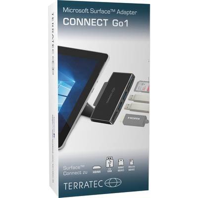 Emballage de l'Adaptateur Microsoft Surface CONNECT Go1 avec une image de l'adaptateur connecté à une tablette. Prend en charge HDMI, USB et Micro-SD.