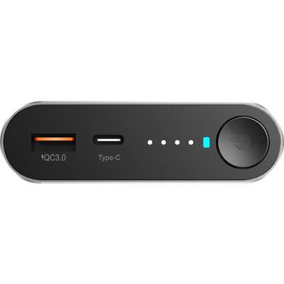 Un appareil noir et allongé avec des ports USB et un bouton. Des LED indiquent le niveau de charge.