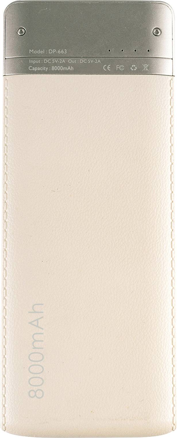 Une batterie externe portant l'inscription '8000mAh', modèle DP-663. Sur le dessus figurent les détails d'entrée et de sortie, ainsi que divers symboles de certification.